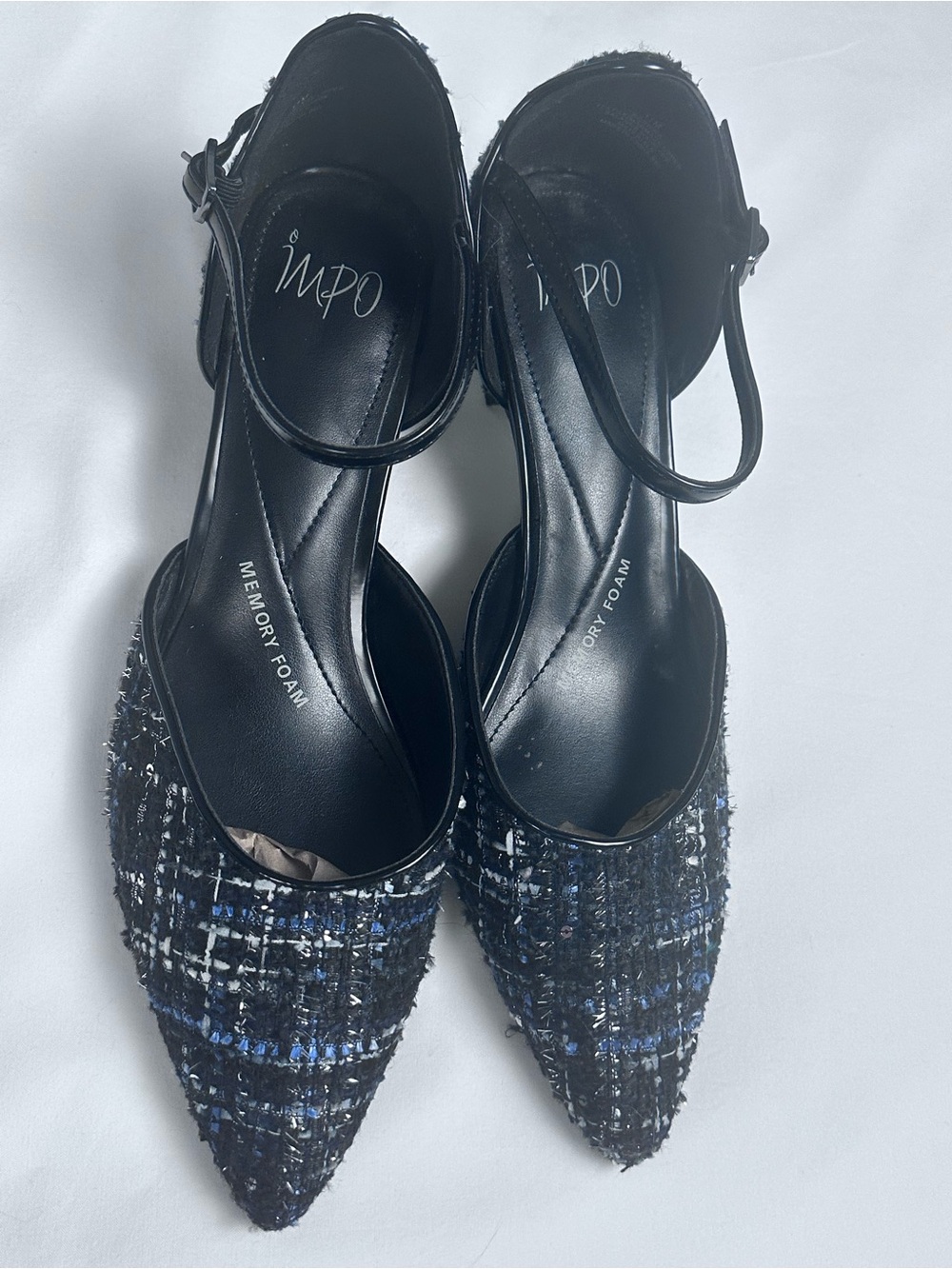 IMPO Black Tweed Pointed-Toe Ankle-Strap Heels with Blue Thread